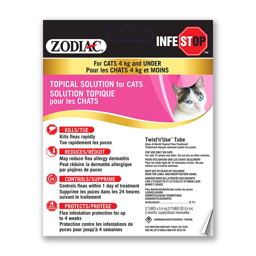 Zodiac Infestop Solution Topique Contre les Puces pour Chats 4KG ET MOINS