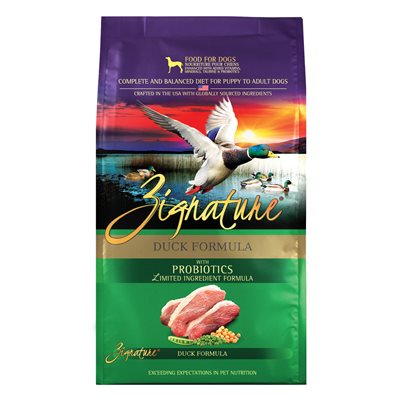 Zignature Formule Limité d'Ingrédients Canard Sans Céréales pour Chiens 12.5 LB Zignature Formule Limité d'Ingrédients Canard Sans Céréales pour Chiens 12.5 LB